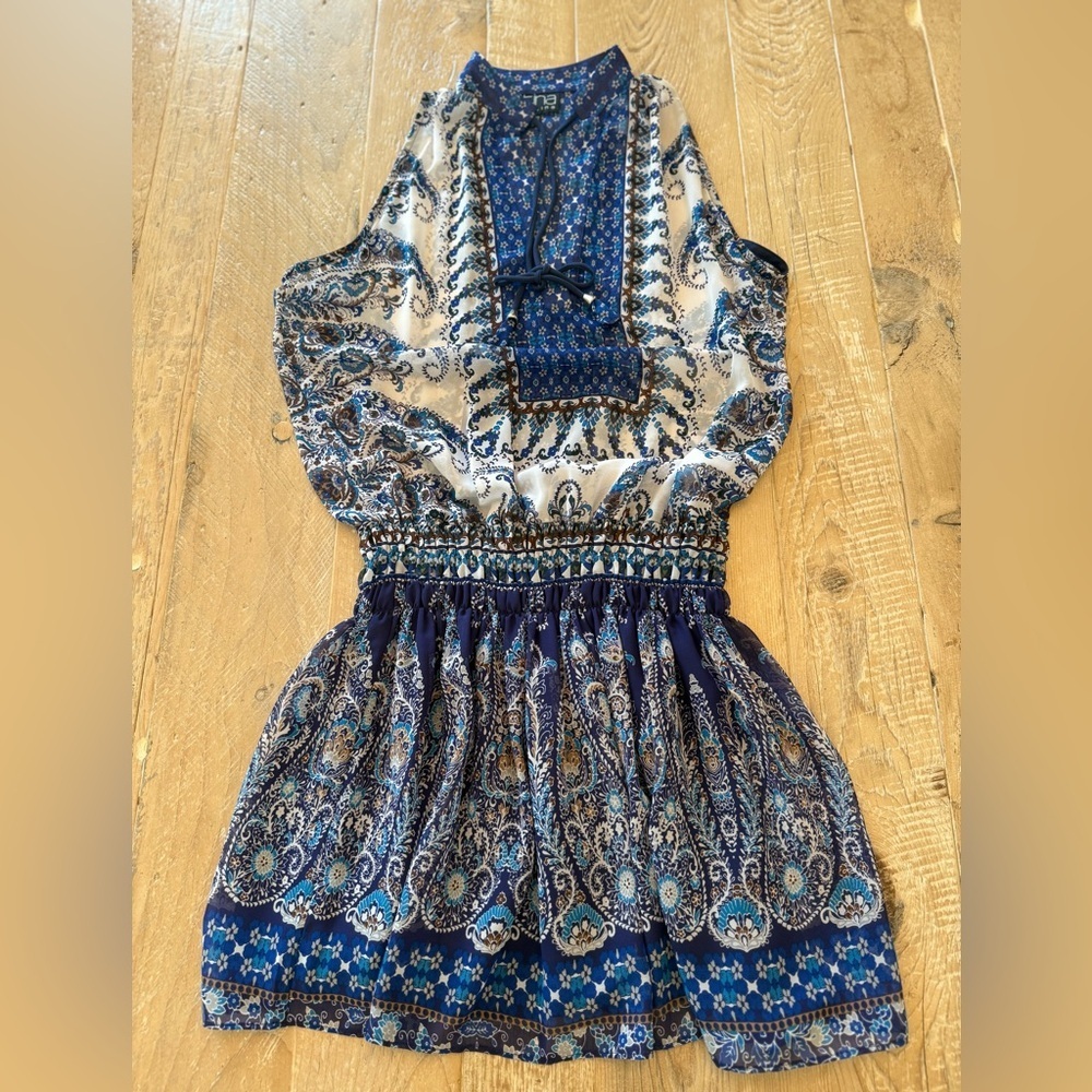 Atina Cristina Navy & Cream Paisley Boho Smocked Waist Mini Dress S